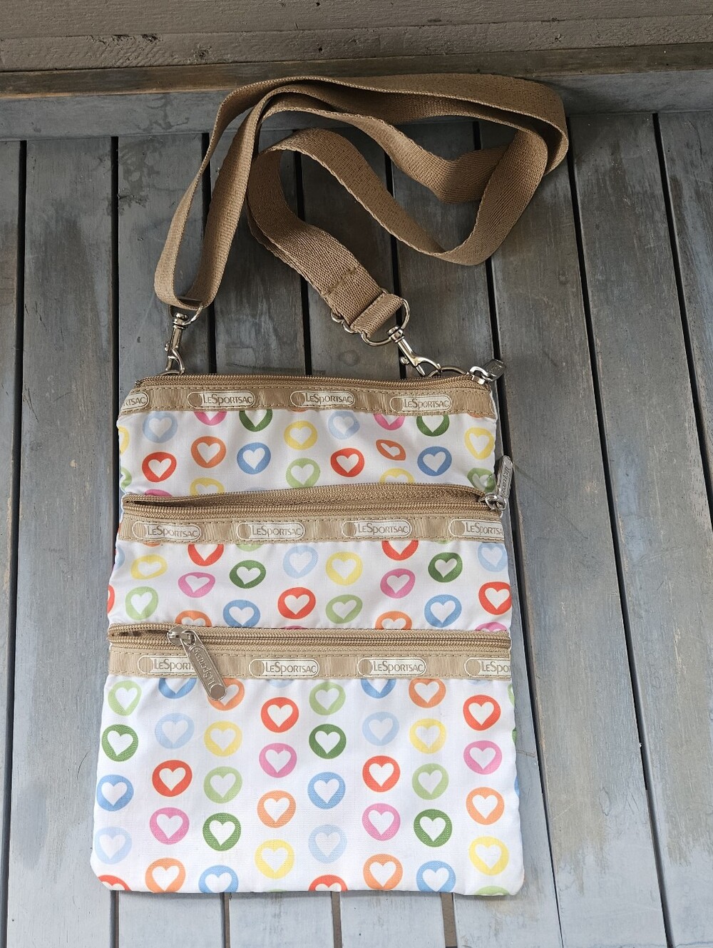 LESPORTSAC Three Zipper Crossbody Bag Rainbow Heart Print